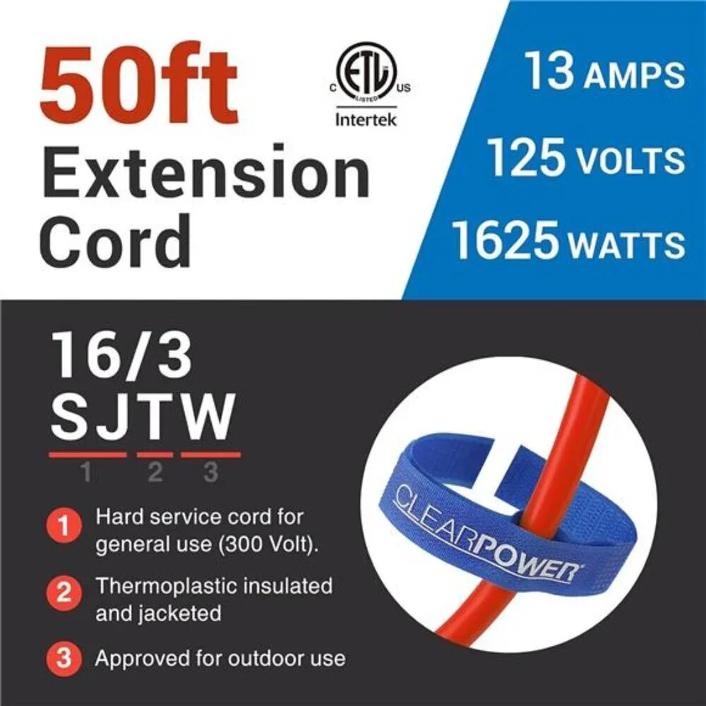 50 ft Outdoor Extension Cord 16/3 SJTW, 3-Prong Grounded Plug, Orange